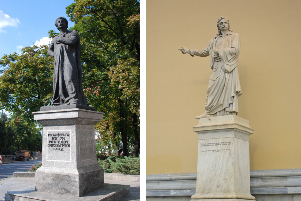 Left: Statue of Rigas Feraios, Belgrade  / Right: Statue of Rigas outside the University of Athens (by Ioannis Kossos). Source: Wikipedia